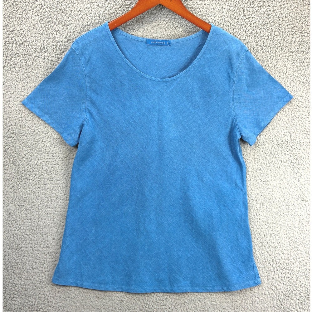 Cut Loose Short Sleeve Linen T Shirt Womens XL Blue Scoop Neck Casual Top Basic